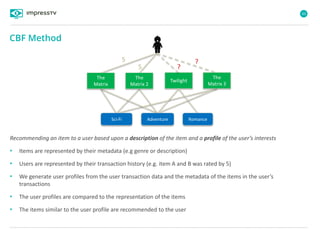 43
Recommending an item to a user based upon a description of the item and a profile of the user’s interests
• Items are represented by their metadata (e.g genre or description)
• Users are represented by their transaction history (e.g. item A and B was rated by 5)
• We generate user profiles from the user transaction data and the metadata of the items in the user’s
transactions
• The user profiles are compared to the representation of the items
• The items similar to the user profile are recommended to the user
CBF Method
Twilight
5
5
?
?
Sci-Fi RomanceAdventure
The
Matrix
The
Matrix 2
The
Matrix 3
 