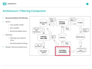 55
Architecture / Filtering Component
• Recommendation list filtering
• Inputs:
› User profile model
› Item models
› Recommendable items
• Methods:
› Filtering non-relevant
items
› Similarity based ranking
• Output: Recommended items
 