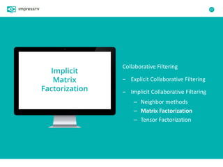 87
Collaborative Filtering
– Explicit Collaborative Filtering
– Implicit Collaborative Filtering
– Neighbor methods
– Matrix Factorization
– Tensor Factorization
Implicit
Matrix
Factorization
 