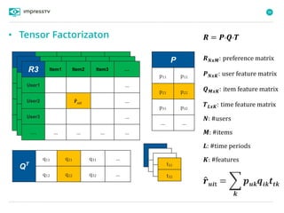 98
R1 Item1 Item2 Item3 …
User1 1 …
User2 1 0 …
User3 …
…. … … … …
R2 Item1 Item2 Item3 …
User1 0 1 …
User2 1 …
User3 1 …
…. … … … …
R3 Item1 Item2 Item3 …
User1 …
User2 𝒓 𝑢𝑖𝑡 …
User3 …
…. … … … …
QT
q11 q21 q31 …
q12 q22 q32 …
P
p11 p12
p21 p22
p31 p32
… …
Tt11
t12
t21
t22
t31
t32
𝑹 𝑵𝒙𝑴: preference matrix
𝑷 𝑵𝒙𝑲: user feature matrix
𝑸 𝑴𝒙𝑲: item feature matrix
𝑻 𝑳𝒙𝑲: time feature matrix
𝑵: #users
𝑴: #items
𝑳: #time periods
𝑲: #features
𝒓 𝒖𝒊t =
𝒌
𝒑 𝒖𝒌 𝒒𝒊𝒌 𝒕𝒕𝒌
𝑹 = 𝑷° 𝑸° 𝑻• Tensor Factorizaton
 