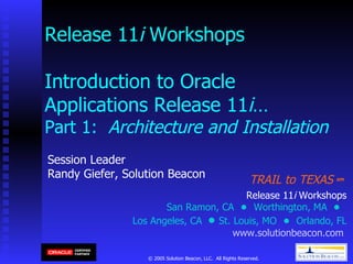 Release 11 i  Workshops Introduction to Oracle Applications Release 11 i …  Part 1:  Architecture and Installation Session Leader Randy Giefer, Solution Beacon Release 11 i  Workshops San Ramon, CA  •  Worthington, MA  •  Los Angeles, CA  •   St. Louis, MO  •  Orlando, FL www.solutionbeacon.com   TRAIL to TEXAS   sm   