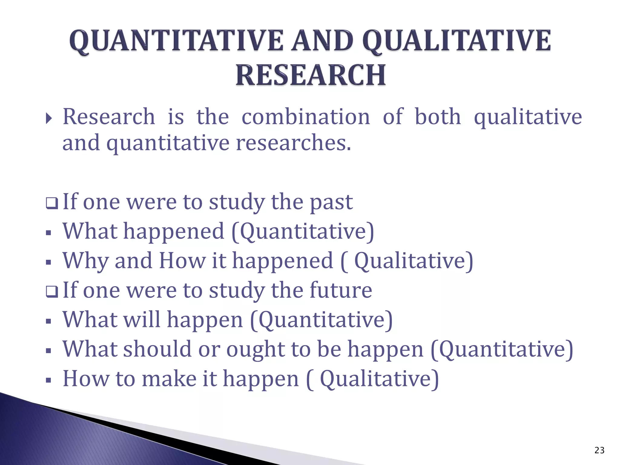  Research is the combination of both qualitative
and quantitative researches.
 If one were to study the past
 What happened (Quantitative)
 Why and How it happened ( Qualitative)
 If one were to study the future
 What will happen (Quantitative)
 What should or ought to be happen (Quantitative)
 How to make it happen ( Qualitative)
23
 