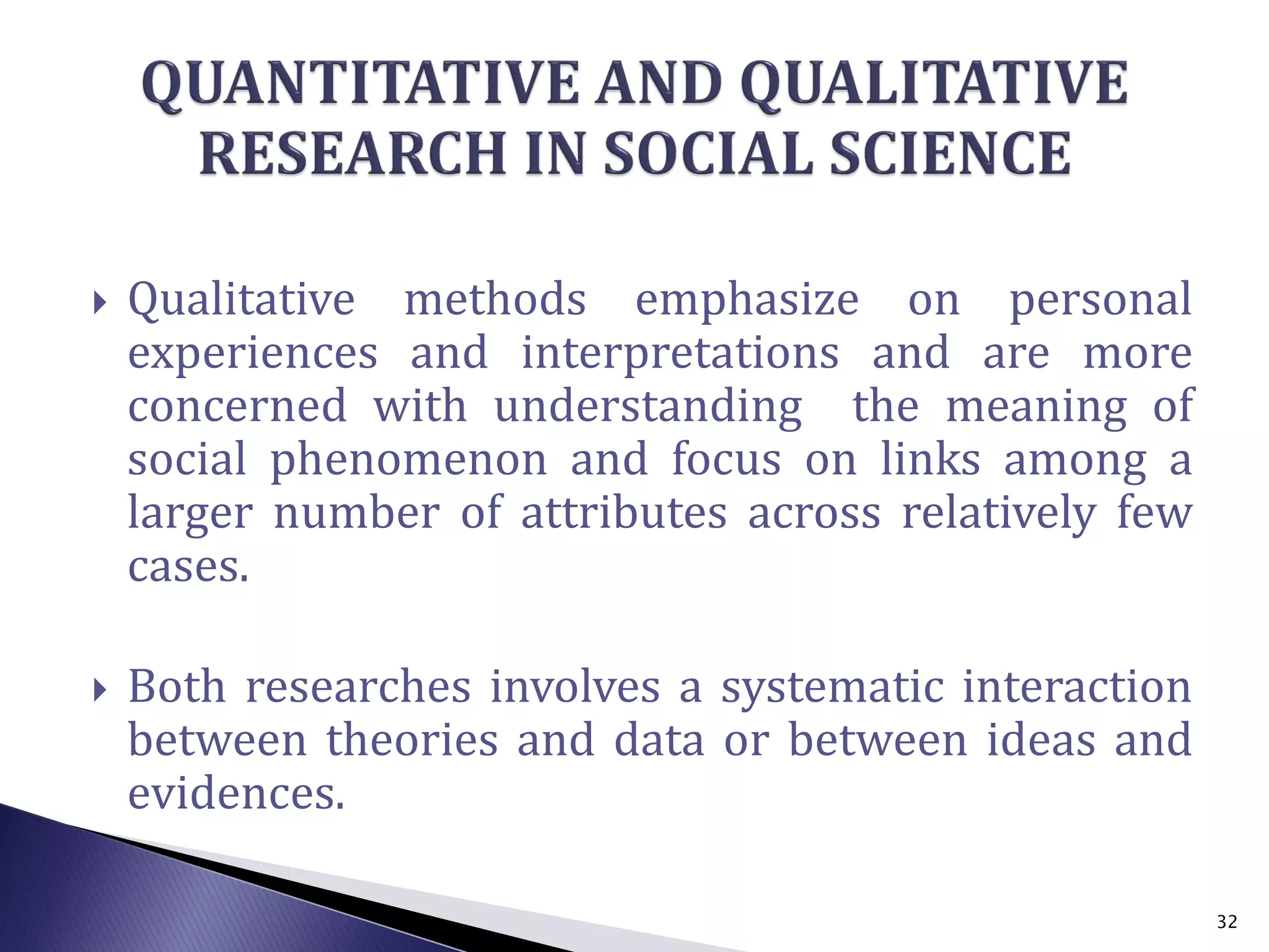  Qualitative methods emphasize on personal
experiences and interpretations and are more
concerned with understanding the meaning of
social phenomenon and focus on links among a
larger number of attributes across relatively few
cases.
 Both researches involves a systematic interaction
between theories and data or between ideas and
evidences.
32
 
