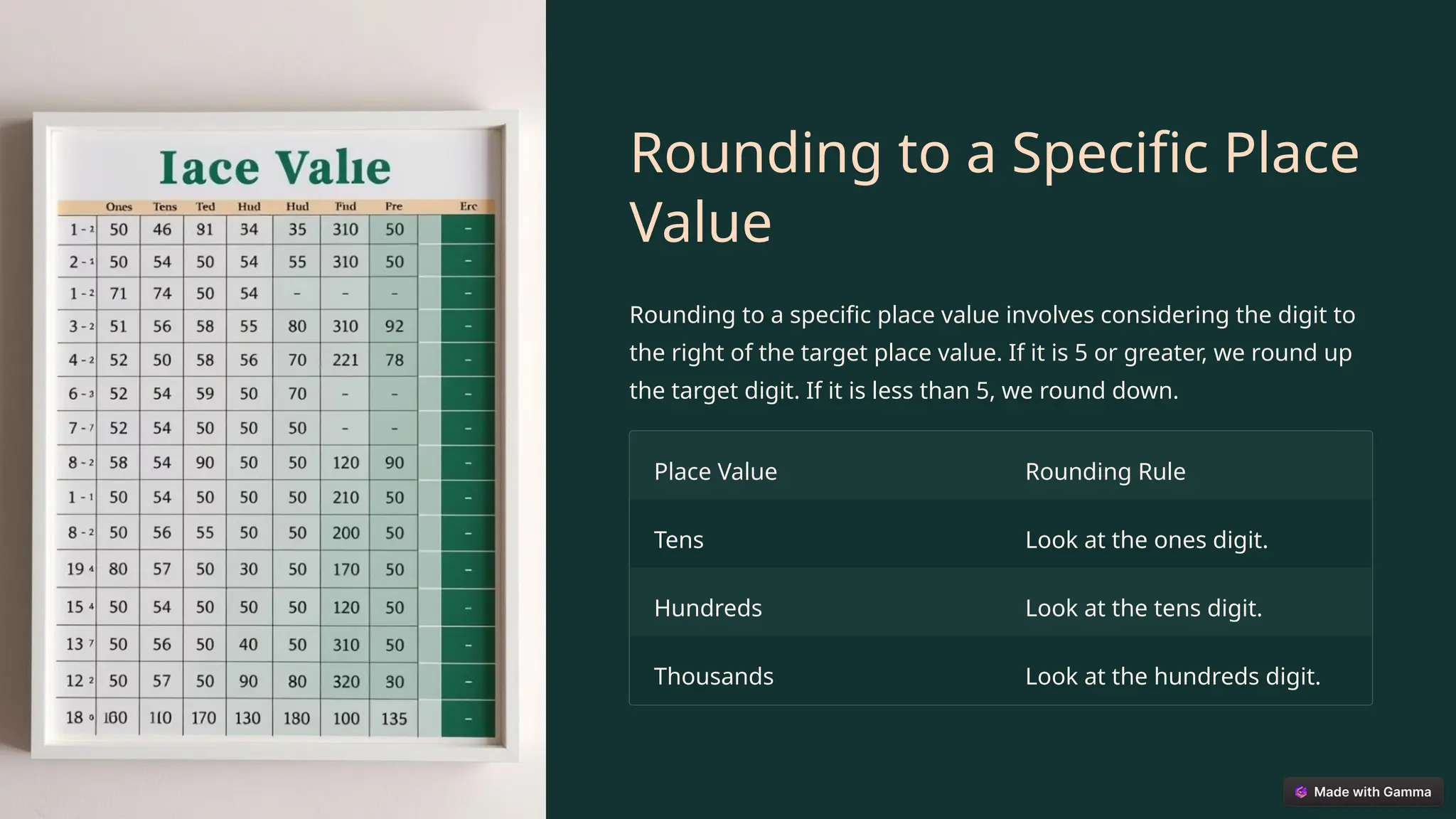 Rounding to a Specific Place
Value
Rounding to a specific place value involves considering the digit to
the right of the target place value. If it is 5 or greater, we round up
the target digit. If it is less than 5, we round down.
Place Value Rounding Rule
Tens Look at the ones digit.
Hundreds Look at the tens digit.
Thousands Look at the hundreds digit.
 