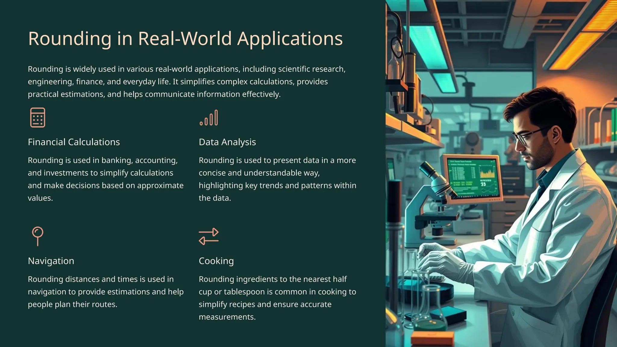 Rounding in Real-World Applications
Rounding is widely used in various real-world applications, including scientific research,
engineering, finance, and everyday life. It simplifies complex calculations, provides
practical estimations, and helps communicate information effectively.
Financial Calculations
Rounding is used in banking, accounting,
and investments to simplify calculations
and make decisions based on approximate
values.
Data Analysis
Rounding is used to present data in a more
concise and understandable way,
highlighting key trends and patterns within
the data.
Navigation
Rounding distances and times is used in
navigation to provide estimations and help
people plan their routes.
Cooking
Rounding ingredients to the nearest half
cup or tablespoon is common in cooking to
simplify recipes and ensure accurate
measurements.
 