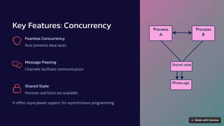 Key Features: Concurrency
Fearless Concurrency
Rust prevents data races.
Message Passing
Channels facilitate communication.
Shared State
Mutexes and locks are available.
It offers async/await support for asynchronous programming.
 