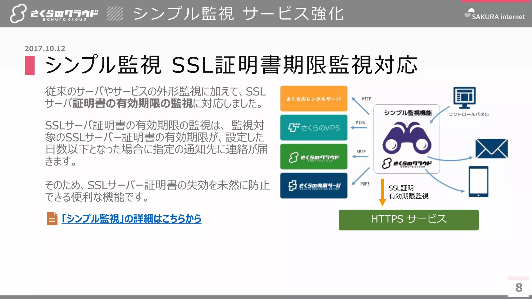 8
▌シンプル監視 SSL証明書期限監視対応
従来のサーバやサービスの外形監視に加えて、SSL
サーバ証明書の有効期限の監視に対応しました。
SSLサーバ証明書の有効期限の監視は、 監視対
象のSSLサーバー証明書の有効期限が、設定した
日数以下となった場合に指定の通知先に連絡が届
きます。
そのため、SSLサーバー証明書の失効を未然に防止
できる便利な機能です。
シンプル監視 サービス強化
8
2017.10.12
「シンプル監視」の詳細はこちらから HTTPS サービス
SSL証明
有効期限監視
 