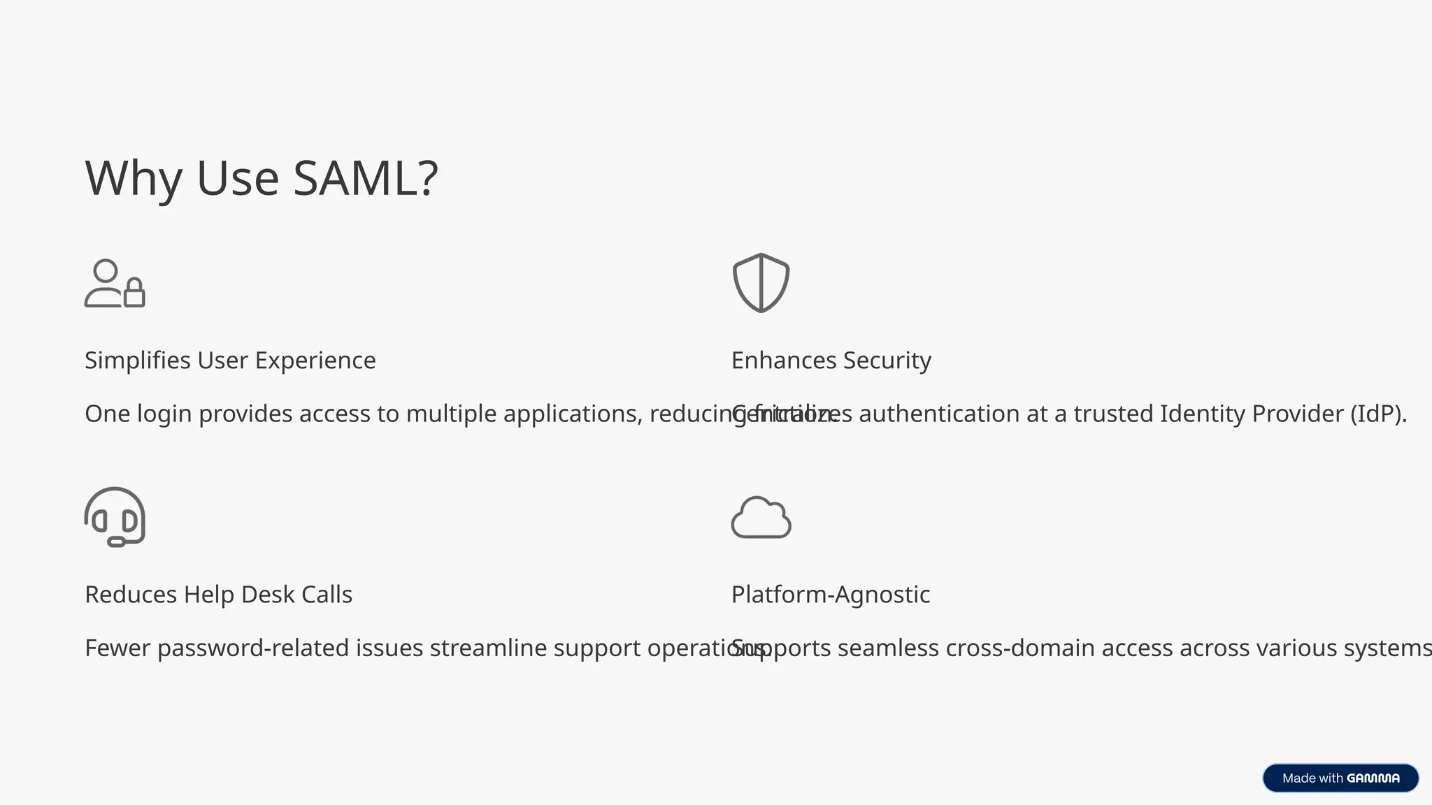 Why Use SAML?
Simplifies User Experience
One login provides access to multiple applications, reducing friction.
Enhances Security
Centralizes authentication at a trusted Identity Provider (IdP).
Reduces Help Desk Calls
Fewer password-related issues streamline support operations.
Platform-Agnostic
Supports seamless cross-domain access across various systems
 