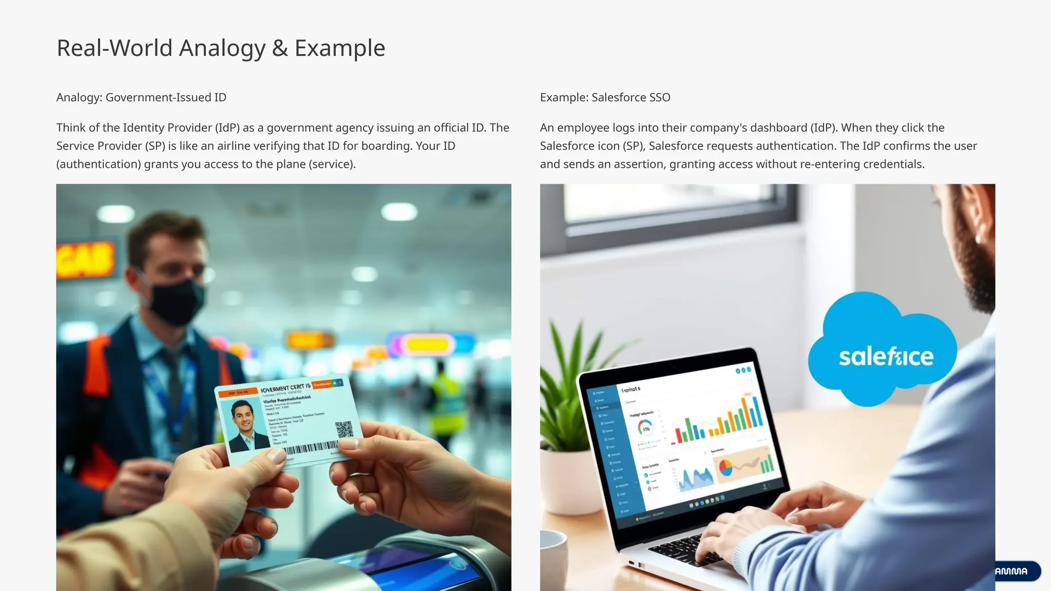 Real-World Analogy & Example
Analogy: Government-Issued ID
Think of the Identity Provider (IdP) as a government agency issuing an official ID. The
Service Provider (SP) is like an airline verifying that ID for boarding. Your ID
(authentication) grants you access to the plane (service).
Example: Salesforce SSO
An employee logs into their company's dashboard (IdP). When they click the
Salesforce icon (SP), Salesforce requests authentication. The IdP confirms the user
and sends an assertion, granting access without re-entering credentials.
 