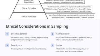 Ethical Considerations in Sampling
1 Informed consent
Participants must be fully informed about the study
and give their consent to participate.
2 Confidentiality
Participant data must be kept confidential and not
shared with unauthorized individuals.
3 Beneficence
The study should benefit participants and society.
4 Justice
The benefits and risks of the study should be
distributed fairly among participants.
 