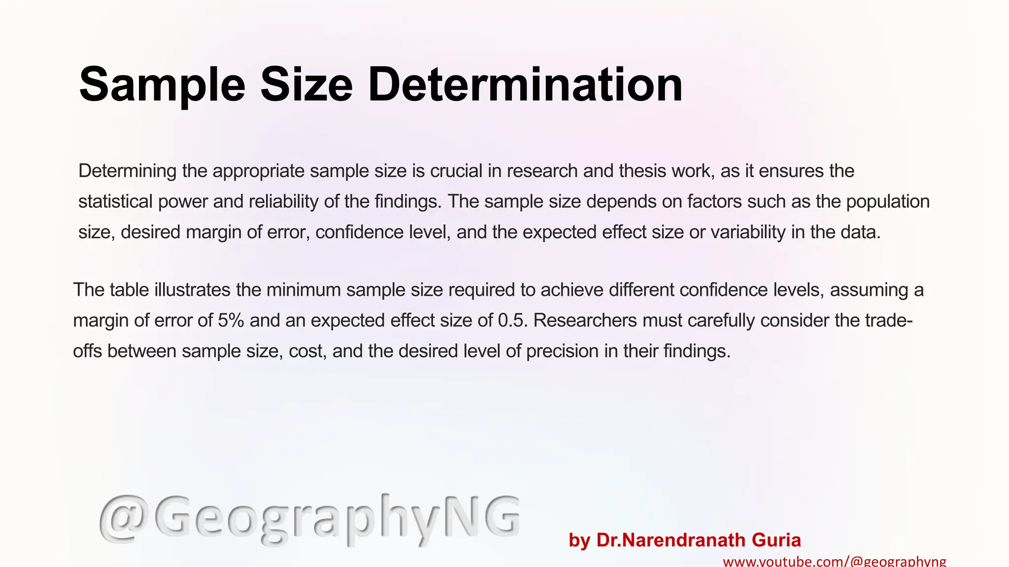 Sample Size Determination
Determining the appropriate sample size is crucial in research and thesis work, as it ensures the
statistical power and reliability of the findings. The sample size depends on factors such as the population
size, desired margin of error, confidence level, and the expected effect size or variability in the data.
The table illustrates the minimum sample size required to achieve different confidence levels, assuming a
margin of error of 5% and an expected effect size of 0.5. Researchers must carefully consider the trade-
offs between sample size, cost, and the desired level of precision in their findings.
@GeographyNG by Dr.Narendranath Guria
www.youtube.com/@geographyng
 