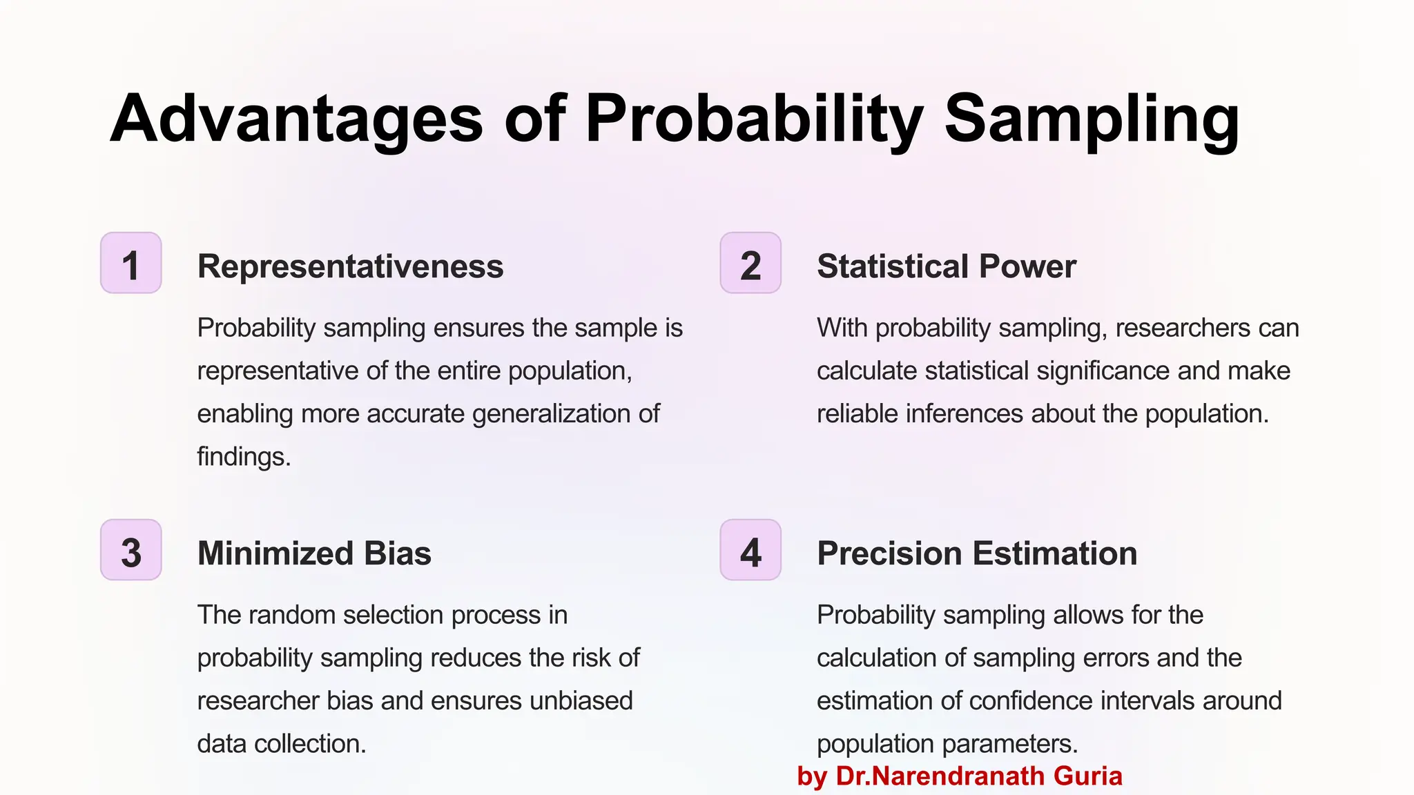 Advantages of Probability Sampling
1 Representativeness
Probability sampling ensures the sample is
representative of the entire population,
enabling more accurate generalization of
findings.
2 Statistical Power
With probability sampling, researchers can
calculate statistical significance and make
reliable inferences about the population.
3 Minimized Bias
The random selection process in
probability sampling reduces the risk of
researcher bias and ensures unbiased
data collection.
4 Precision Estimation
Probability sampling allows for the
calculation of sampling errors and the
estimation of confidence intervals around
population parameters.
by Dr.Narendranath Guria
 
