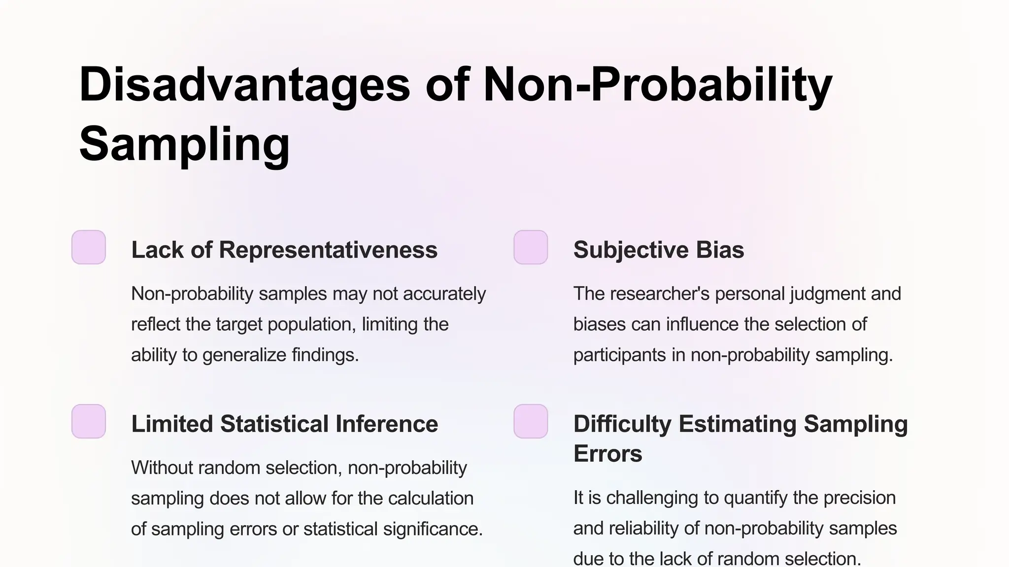 Disadvantages of Non-Probability
Sampling
Lack of Representativeness
Non-probability samples may not accurately
reflect the target population, limiting the
ability to generalize findings.
Subjective Bias
The researcher's personal judgment and
biases can influence the selection of
participants in non-probability sampling.
Limited Statistical Inference
Without random selection, non-probability
sampling does not allow for the calculation
of sampling errors or statistical significance.
Difficulty Estimating Sampling
Errors
It is challenging to quantify the precision
and reliability of non-probability samples
due to the lack of random selection.
 