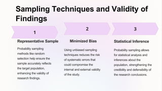 Sampling Techniques and Validity of
Findings
Representative Sample
Probability sampling
methods like random
selection help ensure the
sample accurately reflects
the target population,
enhancing the validity of
research findings.
Minimized Bias
Using unbiased sampling
techniques reduces the risk
of systematic errors that
could compromise the
internal and external validity
of the study.
Statistical Inference
Probability sampling allows
for statistical analysis and
inferences about the
population, strengthening the
credibility and defensibility of
the research conclusions.
 