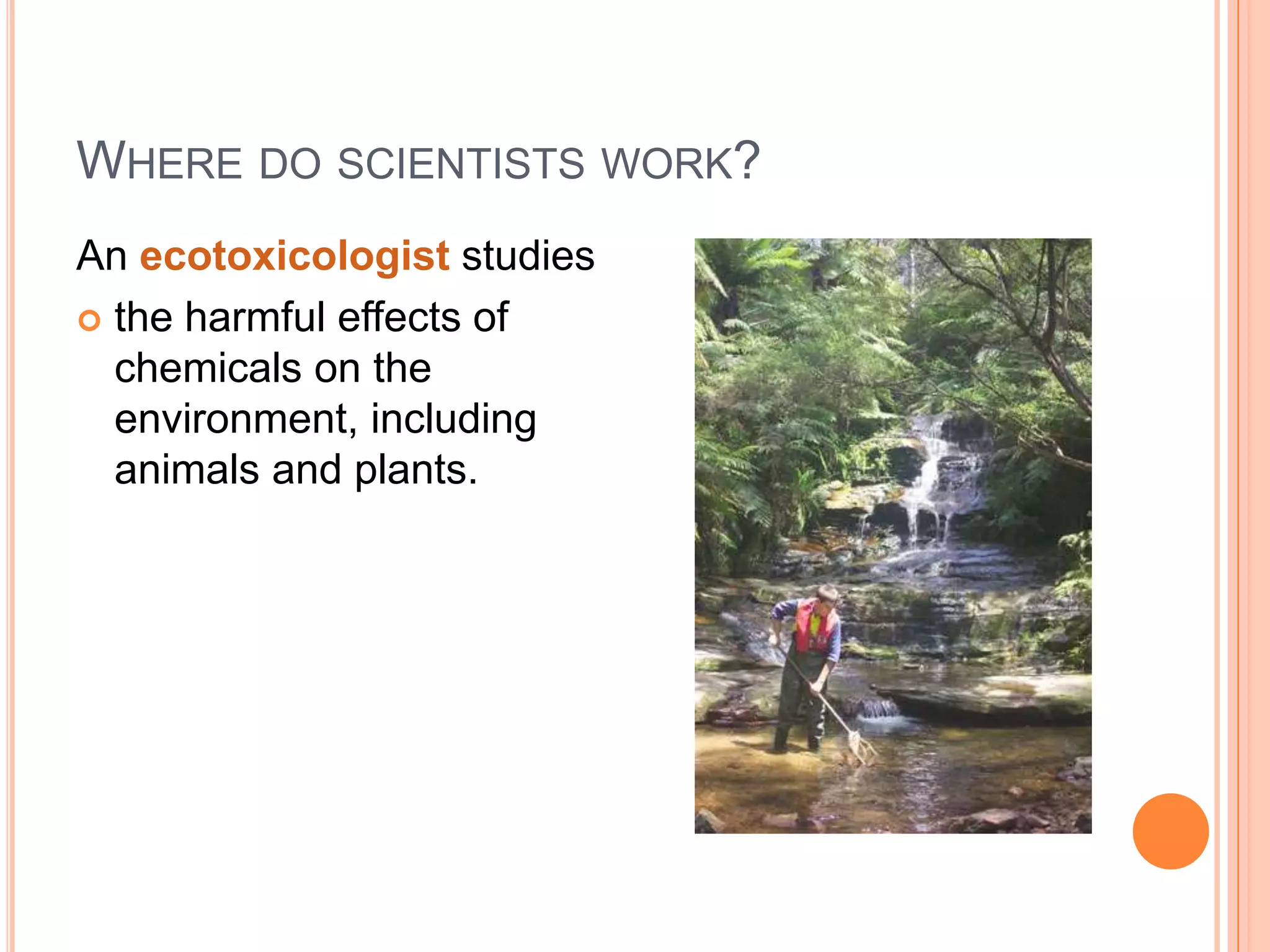WHERE DO SCIENTISTS WORK?
An ecotoxicologist studies
 the harmful effects of
chemicals on the
environment, including
animals and plants.

 