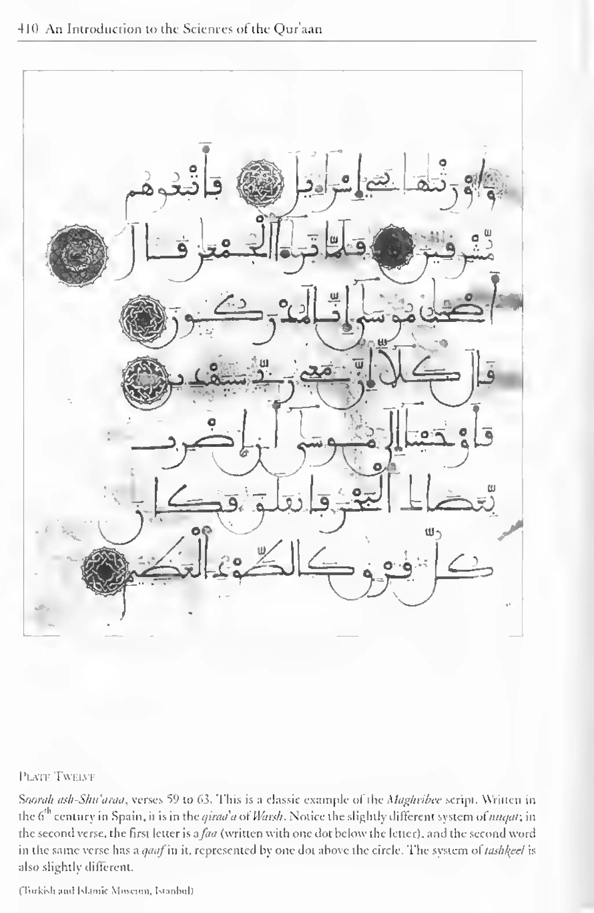 410 An Introduction to the Sciences ofthe Qur'aan 
1 I 
° L 
?o£:A da> 
.-*-« w i.fe-^^ajirfeolli 
3 
:  JL^U^U 
Plate Twelve 
Soorah ask-Sku'araa, verses 59 to 6.3. This is a classic example ofthe Maghribee script. Written in 
the 6 century in Spain, it is in the qiraa a ol Warsh. Notice the slightly different system ol ninjiii: in 
the second verse, the first letter is afaa (written with one dot below the letter), and the second word 
in the same verse has a qaaf'va it, represented by one dot above the circle. The system ol"laskkeel is 
also slightly different. 
(Turkish and Islamic Museum. Istanbul) 
 