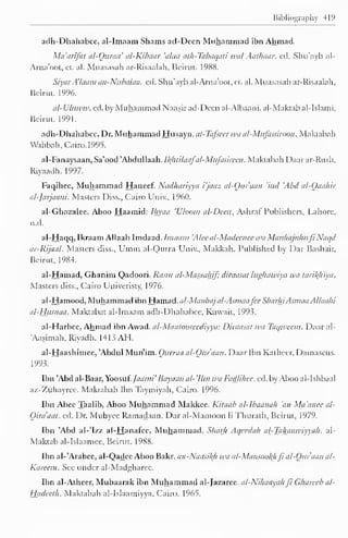 Bibliography 419 
adh-Dhahabee, al-Imaam Shams atl-Deen Muhammad ibn Ahmad. 
Ma'arifat al-Quraa' al-Kibaar 'ulna ath-Tabaqati wal Aathaar. ed. Shu'ayb al- 
Ama'oot, ct. al. Muasasah ar-Risaalah, Beirut. 1 988. 
SiyarA'/aam an-Nubalaa. ed. Shu'ayb al-Arna'oot, et. al. Muasasah ar-Risaalah, 
Beirut. 1996. 
al-U/uww. ed. by Muhammad Naasir ad-Dccn al-Albaani. al-Maktab al-Islami. 
Beirut. 1991. 
adh-Dhahabee, Dr. Muhammad Husayn. at-Tafseer wa al-Mufassiroon. Makmbah 
Wahbah, Cairo. 1995. 
al-Fanaysaan, Sa'ood'AbduUaah. l/(hti/uafa/-MuJasirecn . Maktabah Daarar-Rush, 
Riyaadh. 1997. 
Faqihee, Muhammad Haneef. Nadliariyya i'jauz al-Qur'aan 'ittd 'Abel al-Qaahir 
al-Jarjaani. Masters Diss., Cairo Univ., I960. 
al-Ghazalee, Aboo Haamid: Ihyaa 'Uloom al-Deen, Ashraf Publishers, Lahore, 
n.d. 
al-Haqq, Ikraam Allaah Imdaad. Imaam 'Alec al-Madcenec wa Manhajuhufi' Naqd 
tu-Rijaul. Masters diss., Umm al-Qurra Univ., Makkah. Published by Dar Bashair, 
Beirut, 1984. 
al-Hamad, Ghanim Qadoori. Rasm al-Masaahif; diraasat lughawiya wa tarikhiya. 
Masters diss., Cairo Univeristy, 1976. 
al-Hamood, Muhammad ibn Hamad. al-Manhaj al-Asmaafee Sliar/n Asmaa Allaah 
i 
al-Husnaa. Maktabat al-Imaam adh-Dhahabee, Kuwait, 1993. 
al-Harbee, Ahmad ibn Awad. al-Maatooicediyya: Diraasat wa Taqwean. Daar al- 
Aasimah, Riyadh. 1413 AH. 
al-Haashimee, 'Abdul Mun'im. Onrraa al-Qur'aan. Daar Ibn Katheer, Damascus. 
1993. 
Ibn 'Abd al-Baar, Yoosuf. Jaami' Bayaan al- 'Urn wa Fadlihee. ed. by Aboo al-Ishbaal 
az-Zuhayree. Maktabah Ibn Taymiyah, Cairo. 1996. 
Ibn Abee Taalib, Aboo Muhammad Makkee. Kitaab al-Ibaanah 'an Ma'anee al- 
Oira'aal. ed. Dr. Muhyce Ramadaan. Dar al-Mamoon li Thurath, Beirut, 1979. 
Ibn 'Abd al-'Izz al-Hanafee, Muhammad. Sharh Aqcedah a[-Tahaawiyyah. al- 
Maktab al-Islaamee, Beirut. 1988. 
Ibn al-'Arabee, al-Qadee Aboo Bakr. an-Naasiltfi wa al-Mansoohhfi al-Qur'aan al- 
Kareem. See under al-Madgharee. 
Ibn al-Atheer, Mubaarak ibn Muhammad al-Jazaree. al-Nihaayah ji Ghareeb al- 
Hadccth. Maktabah al-Islaamiyya, Cairo. 1965. 
 