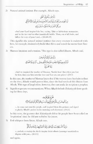 Inspiration - al-Wahy 63 
1 
2) Natural animal instinct. For example, Allaah says. 
«And your Lord inspired the bee. saying, Take as habitations mountains, 
and in the tree and in what (mankind) builds. Then, eat of all fruits, and 
follow the ways of your Lord...- 1 16:68-69] 
This signifies the natural animal instinct that every creature is endowed with; 
hees, for example, instinctively build their hives and search for nectar from flow-ers. 
3) Human intuition and emotion. This type is also called ilhaam. Allaah said. 
And we inspired the mother of Moosaa. "Suckle him! But when you fear 
for him. then cast him into the river and fear not. nor grieve'* |28:7| 
In this case, the mother of Moosaa knew that if she were to leave her baby to float 
on the river, Allaah would protect him, since she had received this ilhaam from 
Allaah. This type of inspiration, however, docs not make its recipient a prophet. 
4) Signals or gestures to communicate. When Allaah forbade Zakariyyah from speak-ing 
for three days. 
i^yo^^^>z^o[ n^lf^j^^j-^)^o^ 
•<...he came out unto his people, and inspired them (by gestures and signs) 
to glorify Allaah's praises in the morning and afternoon* 19: 1 
1 1 
1 
In "this verse, the gestures that Zakariyyah did to his people have been called an 
'inspiration' since he did not verbalise his intent. 
Evil whispers from Satan. Allaah says, 
«...and of a certainty die devils inspire their cohorts (amongsl mankind) CO 
dispute with you...» |6:121 
and again. 
 