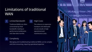 Limitations of traditional
WAN
1 Limited Bandwidth
Traditional WANs are often
constrained by fixed
bandwidth, leading to
performance bottlenecks
and slow data transfer.
2 High Costs
The reliance on expensive
hardware and dedicated
circuits results in high
operational and
maintenance costs.
3 Complexity
Managing and troubleshooting traditional WANs can be complex
and time-consuming, requiring specialized expertise.
 