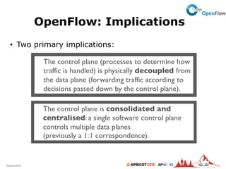 2018#apricot2018 45
OpenFlow: Implications
• Two primary implications:
15
The control plane (processes to determine how
traffic is handled) is physically decoupled from
the data plane (forwarding traffic according to
decisions passed down by the control plane).
The control plane is consolidated and
centralised: a single software control plane
controls multiple data planes
(previously a 1:1 correspondence).
 