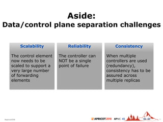 2018#apricot2018 45
Aside:
Data/control plane separation challenges
16
Scalability
The control element
now needs to be
scaled to support a
very large number
of forwarding
elements
Reliability
The controller can
NOT be a single
point of failure
Consistency
When multiple
controllers are used
(redundancy),
consistency has to be
assured across
multiple replicas
 