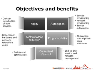 2018#apricot2018 45
Objectives and benefits
21
Agility Automation
CAPEX/OPEX
reduction
Programmability
Centralised
Control
• Service
provisioning
• Network
provisioning
• Service
automation
• Quicker
introduction
of new
services
• Reduction in
hardware and
network
operations
costs
• Abstraction
via simplified
open
interfaces
• End-to-end
service and
network
management
• End-to-end
optimisation
 