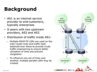 2018#apricot2018 45
Background
• AS1 is an internet service
provider to end-customers,
typically enterprises
• It peers with two upstream
providers, AS2 and AS3
• Distribution of traffic inside AS1:
– Multiple RSVP-TE LSPs are used on the
inter-router links and traffic load-
balanced over these to provide crude
traffic-engineering to ensure better
utilisation of links and prevent
congestion
– To influence one set of links over
another, multiple parallel LSPs may be
created
AS1
R3 R4
R1 R2
LSP
LSP
AS2
Peering/
Transit
AS3
Peering/
Transit
Customer
1
Customer
2
39
 