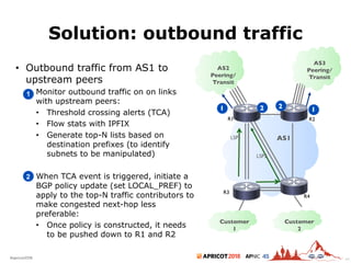 2018#apricot2018 45
Solution: outbound traffic
• Outbound traffic from AS1 to
upstream peers
– Monitor outbound traffic on on links
with upstream peers:
• Threshold crossing alerts (TCA)
• Flow stats with IPFIX
• Generate top-N lists based on
destination prefixes (to identify
subnets to be manipulated)
– When TCA event is triggered, initiate a
BGP policy update (set LOCAL_PREF) to
apply to the top-N traffic contributors to
make congested next-hop less
preferable:
• Once policy is constructed, it needs
to be pushed down to R1 and R2
1
2
AS1
R3
R4
R1 R2
LSP1
LSP2
AS2
Peering/
Transit
AS3
Peering/
Transit
Customer
1
Customer
2
1 12 2
44
 