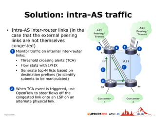 2018#apricot2018 45
Solution: intra-AS traffic
• Intra-AS inter-router links (in the
case that the external peering
links are not themselves
congested)
– Monitor traffic on internal inter-router
links:
• Threshold crossing alerts (TCA)
• Flow stats with IPFIX
• Generate top-N lists based on
destination prefixes (to identify
subnets to be manipulated)
– When TCA event is triggered, use
OpenFlow to steer flows off the
congested link onto an LSP on an
alternate physical link.
1
2
AS1
R3 R4
R1
R2
LSP1
LSP2
AS2
Peering/
Transit
AS3
Peering/
Transit
Customer
1
Customer
2
1 1
1
1
2 2
2
45
 