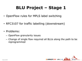 2018#apricot2018 45
BLU Project – Stage 1
• OpenFlow rules for MPLS label switching
• RFC3107 for traffic labelling (downstream)
• Problems:
– OpenFlow granularity issues
– Change of single flow required all BLUs along the path to be
reprogrammed
50
 
