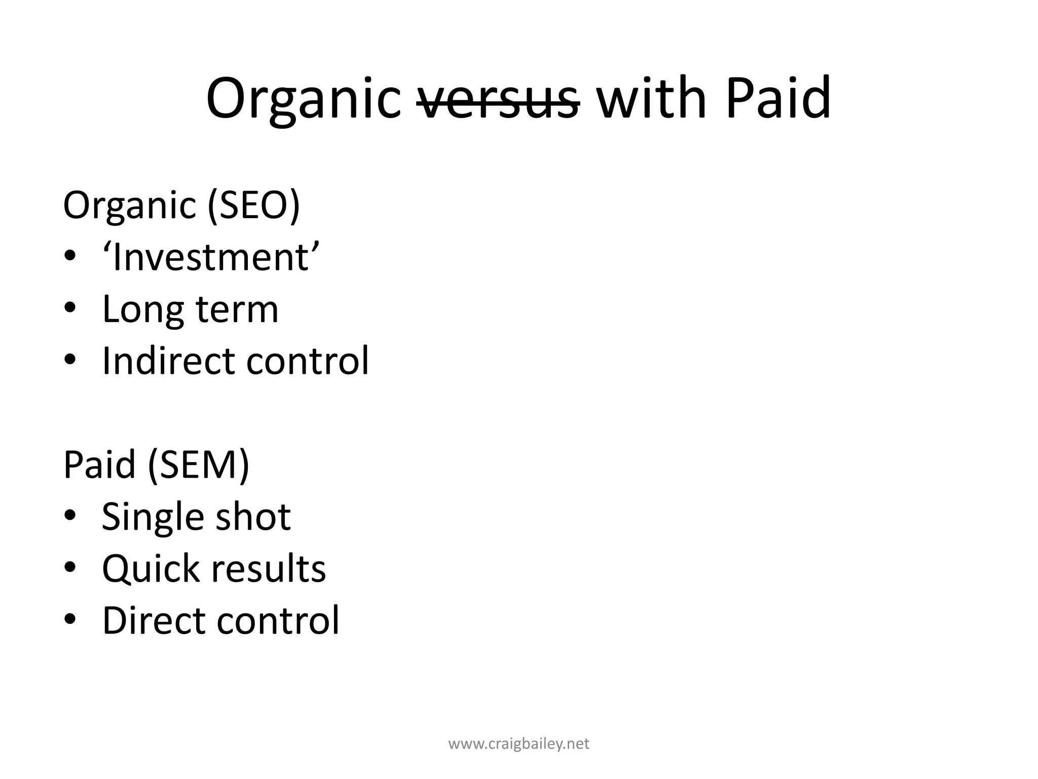 Organic versus with PaidOrganic (SEO)‘Investment’Long termIndirect controlPaid (SEM)Single shotQuick resultsDirect controlwww.craigbailey.net 