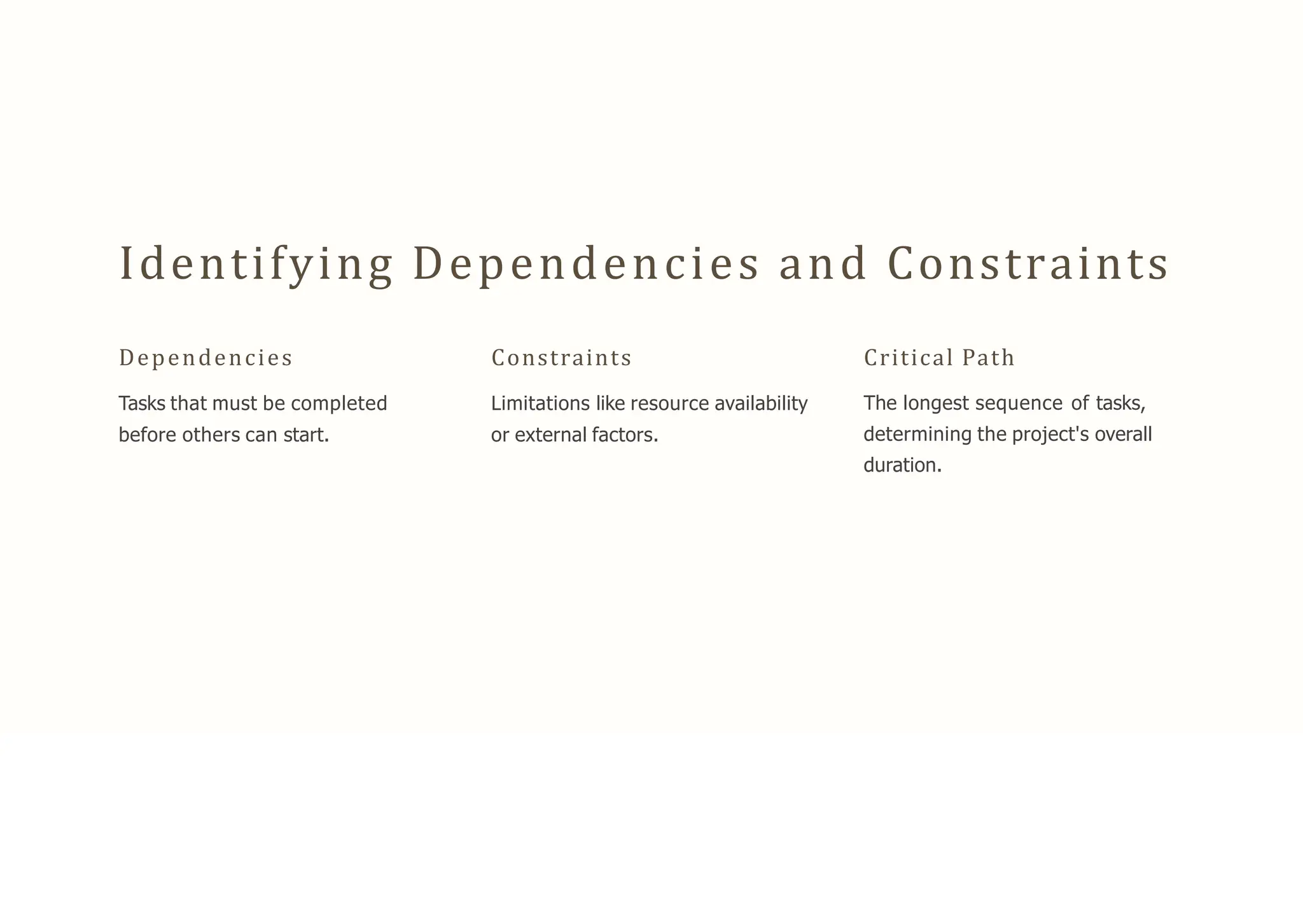 Identifying Dependencies and Constraints
Dependencies
Tasks that must be completed
before others can start.
Constraints
Limitations like resource availability
or external factors.
Critical Path
The longest sequence of tasks,
determining the project's overall
duration.
 