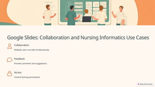 Google Slides: Collaboration and Nursing Informatics Use Cases
Collaboration
Multiple users can edit simultaneously.
Feedback
Provide comments and suggestions.
Access
Control sharing permissions.
 