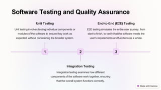 Software Testing and Quality Assurance
1
Unit Testing
Unit testing involves testing individual components or
modules of the software to ensure they work as
expected, without considering the broader system.
2
Integration Testing
Integration testing examines how different
components of the software work together, ensuring
that the overall system functions correctly.
3
End-to-End (E2E) Testing
E2E testing simulates the entire user journey, from
start to finish, to verify that the software meets the
user's requirements and functions as a whole.
 