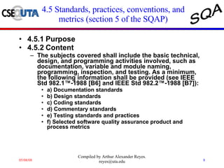 4.5 Standards, practices, conventions, and metrics (section 5 of the SQAP) 4.5.1 Purpose 4.5.2 Content The subjects covered shall include the basic technical, design, and programming activities involved, such as documentation, variable and module naming, programming, inspection, and testing. As a minimum, the following information shall be provided (see IEEE Std 982.1™-1988 [B6] and IEEE Std 982.2™-1988 [B7]): a) Documentation standards b) Design standards c) Coding standards d) Commentary standards e) Testing standards and practices f) Selected software quality assurance product and process metrics 