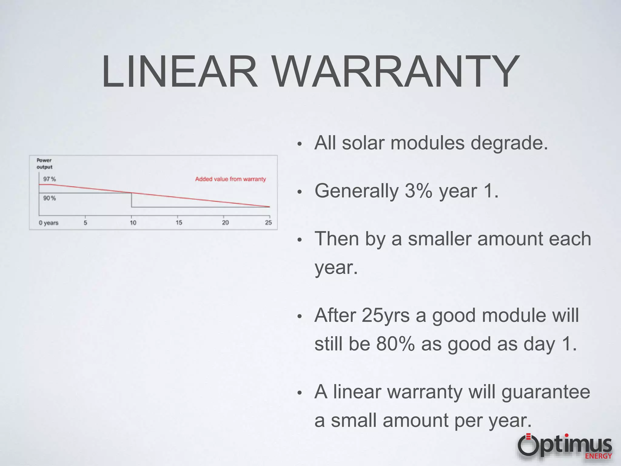 LINEAR WARRANTY
• All solar modules degrade.
• Generally 3% year 1.
• Then by a smaller amount each
year.
• After 25yrs a good module will
still be 80% as good as day 1.
• A linear warranty will guarantee
a small amount per year.
 