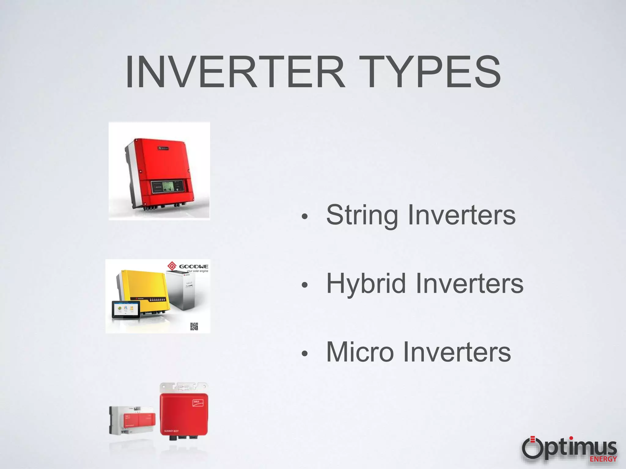 INVERTER TYPES
• String Inverters
• Hybrid Inverters
• Micro Inverters
 