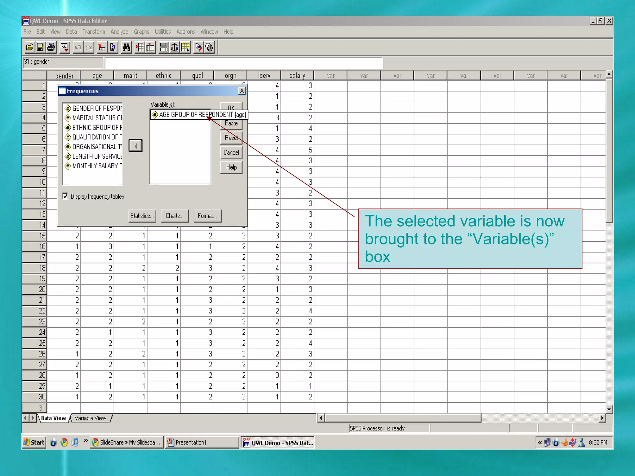 The selected variable is now brought to the “Variable(s)” box