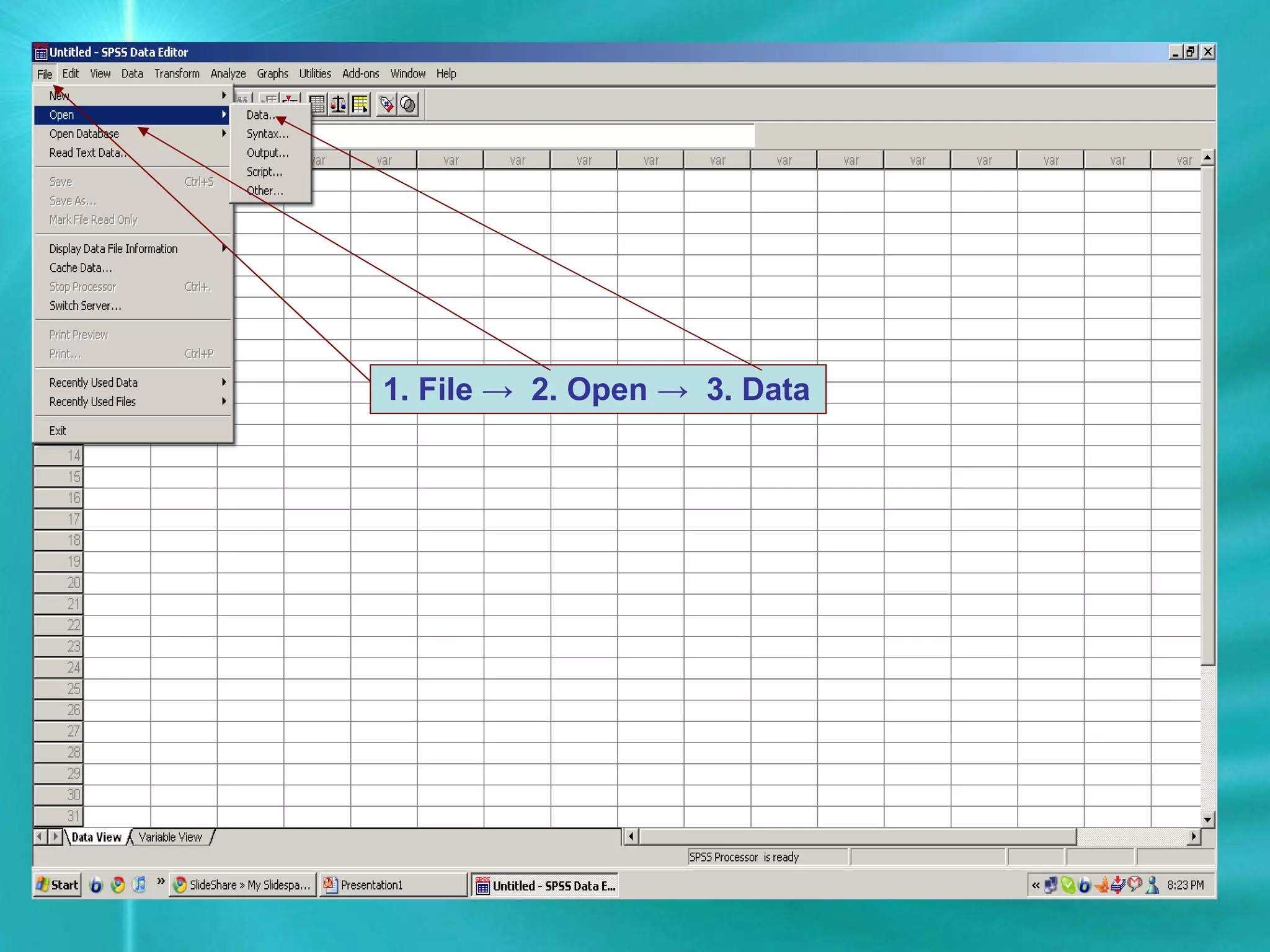 1. File -> 2. Open -> 3. Data