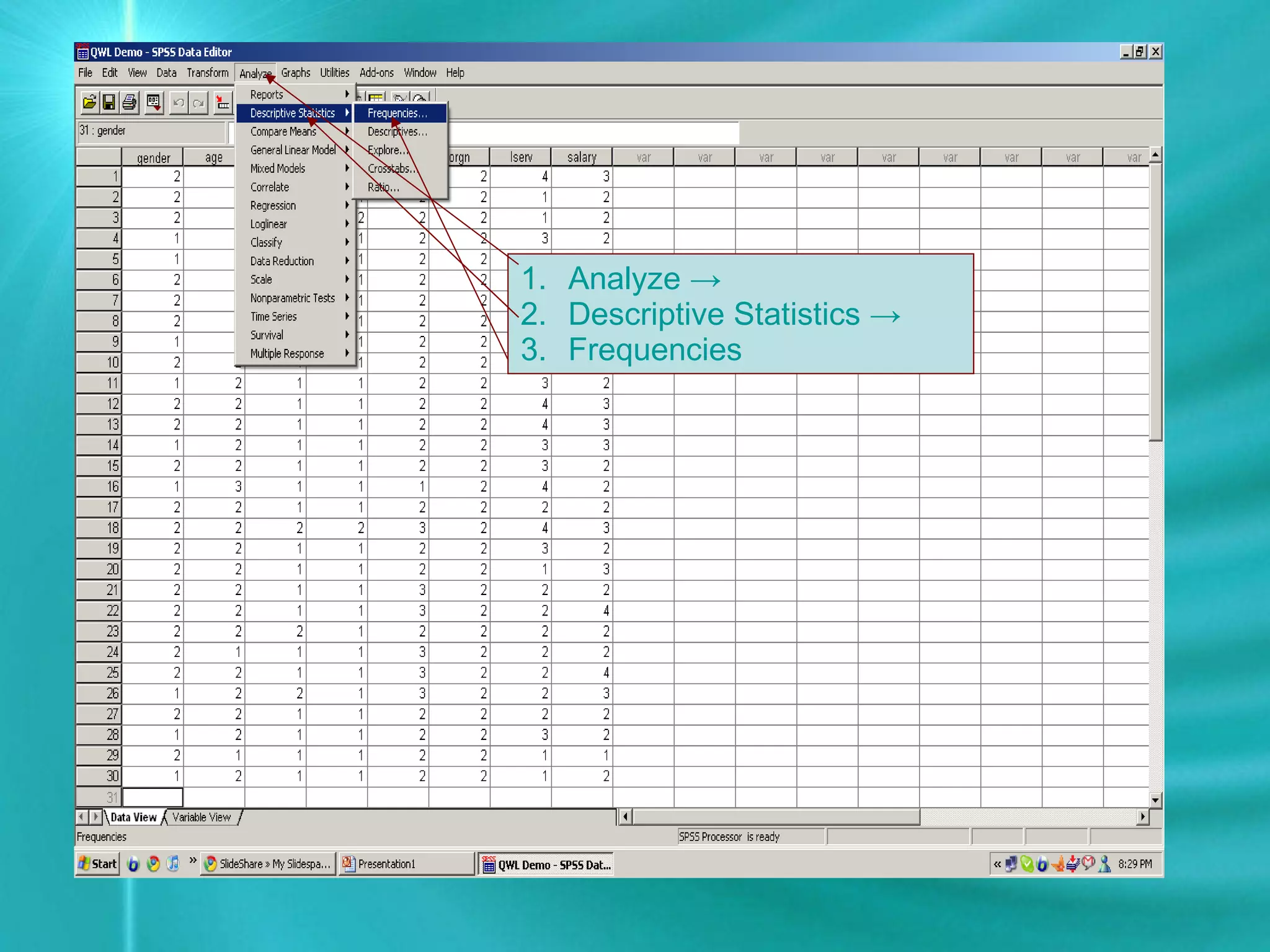 Analyze -> Descriptive Statistics -> Frequencies