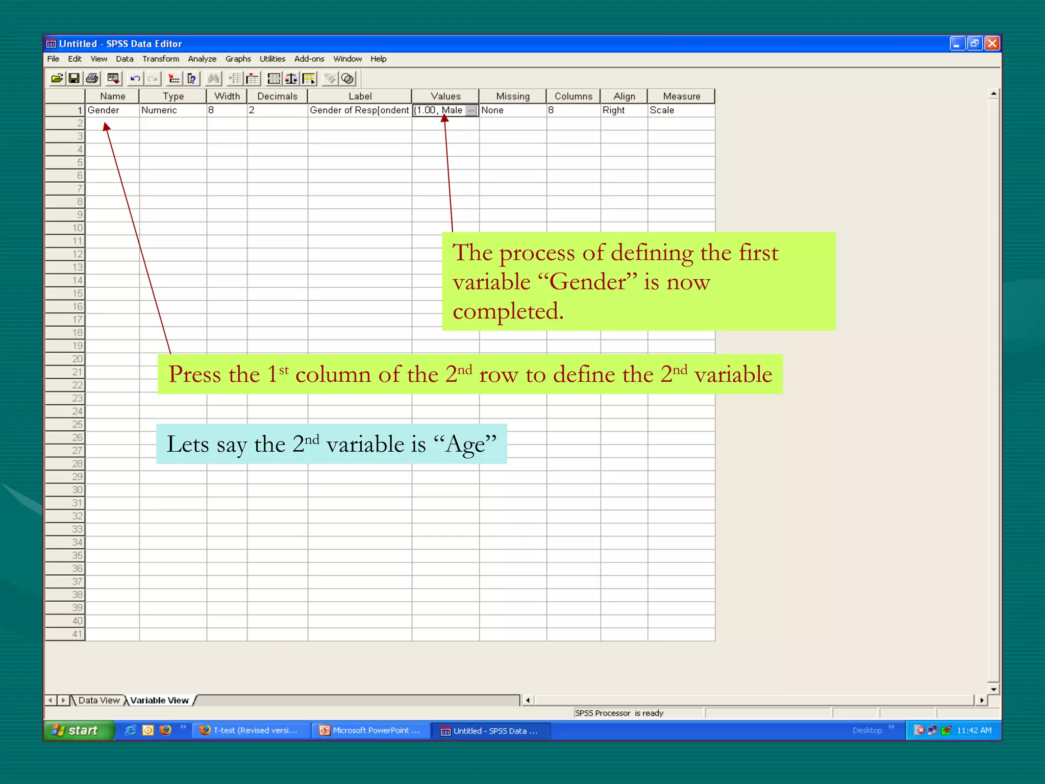 The process of defining the first variable “Gender” is now completed.  Press the 1 st  column of the 2 nd  row to define the 2 nd  variable Lets say the 2 nd  variable is “Age” 