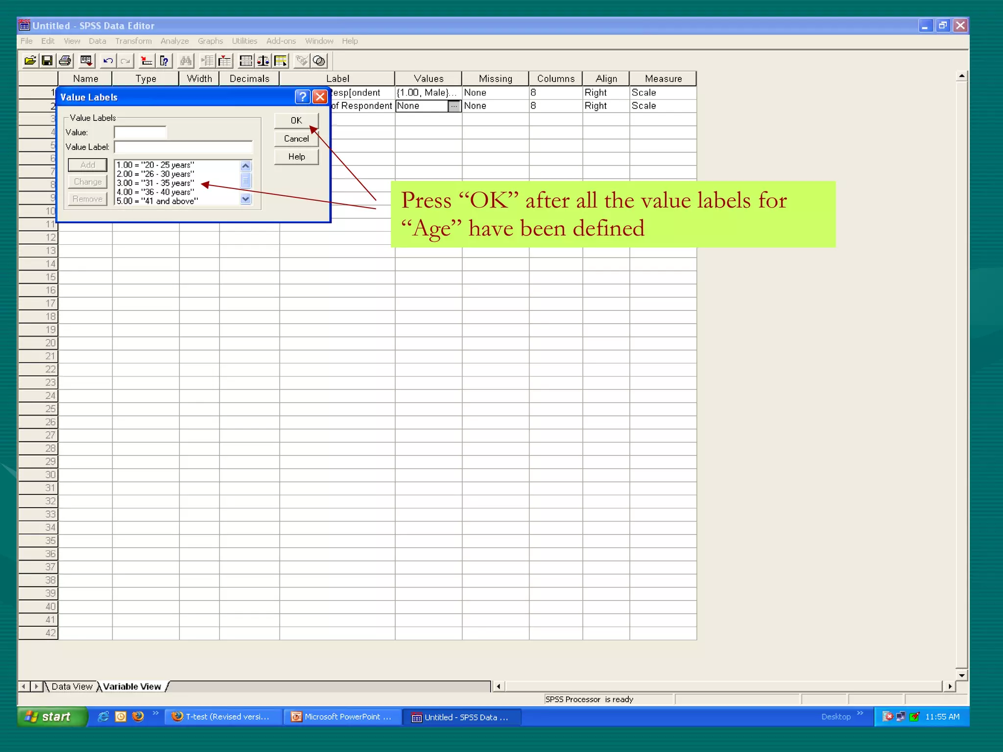 Press “OK” after all the value labels for “Age” have been defined 