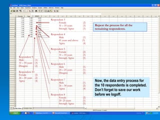 Respondent 3  Female (2) 31 – 35 years (3) Strongly Agree (5) Respondent 4 Male   (1) 41 years and above  (5) Agree   (4) Respondent 5 Female (2) 31 – 35 years (3) Strongly Agree (5) Respondent 6 Male (1) 20 – 25 years (1) Disagree (2) Respondent 7 Male (1) 26 – 30 years  (2) Agree (4) Respondent 8 Female (2) 20 -25 years (1) Strongly Agree  (5) Respondent 9 Male (1) 31 – 35 years (3) Disagree (2) Respondent 10 Female (2) 26 – 30 years (2) Agree (4) Now, the data entry process for the 10 respondents is completed. Don’t forget to save our work before we logoff.  Repeat the process for all the remaining respondents.   
