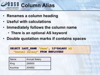 Column Alias Renames a column heading Useful with calculations Immediately follows the column name There is an optional AS keyword Double quotation marks if contains spaces SELECT LAST_NAME  "Name" , 12*SALARY  AS "Annual Salary"  FROM EMPLOYEES 204000 288000 Annual Salary Kochhar King Name 