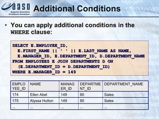 Additional Conditions You can apply additional conditions in the  WHERE  clause: SELECT E.EMPLOYEE_ID,  E.FIRST_NAME || ' ' || E.LAST_NAME AS NAME,  E.MANAGER_ID, E.DEPARTMENT_ID, D.DEPARTMENT_NAME FROM EMPLOYEES E JOIN DEPARTMENTS D ON (E.DEPARTMENT_ID = D.DEPARTMENT_ID) WHERE E.MANAGER_ID = 149 Sales 80 149 Ellen Abel 174 Sales 80 149 Alyssa Hutton 175 ... DEPARTMENT_ID ... MANAGER_ID ... NAME ... DEPARTMENT_NAME ... EMPLOYEE_ID 