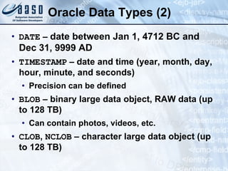 Oracle Data Types (2) DATE  –  date between Jan 1, 4712 BC and Dec 31, 9999 AD TIMESTAMP  – date and time (year, month, day, hour, minute, and seconds) Precision can be defined BLOB  – binary large data object, RAW data (up to 128 TB) Can contain photos, videos, etc. CLOB ,  NCLOB  – character large data object (up to 128 TB) 