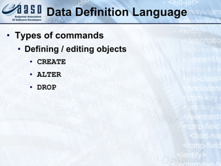 Data Definition Language Types of commands Defining / editing objects CREATE ALTER DROP 