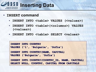 Inserting Data INSERT  command INSERT INTO <table> VALUES (<values>) INSERT INTO <table>(<columns>) VALUES (<values>) INSERT INTO <table> SELECT <values> INSERT INTO COUNTRY VALUES ('1', 'Bulgaria', 'Sofia') INSERT INTO COUNTRY(NAME, CAPITAL) VALUES ('Bulgaria', 'Sofia') INSERT INTO COUNTRY(COUNTRY_ID, NAME, CAPITAL) SELECT NULL, COUNTRY, CAPITAL FROM CAPITALS 