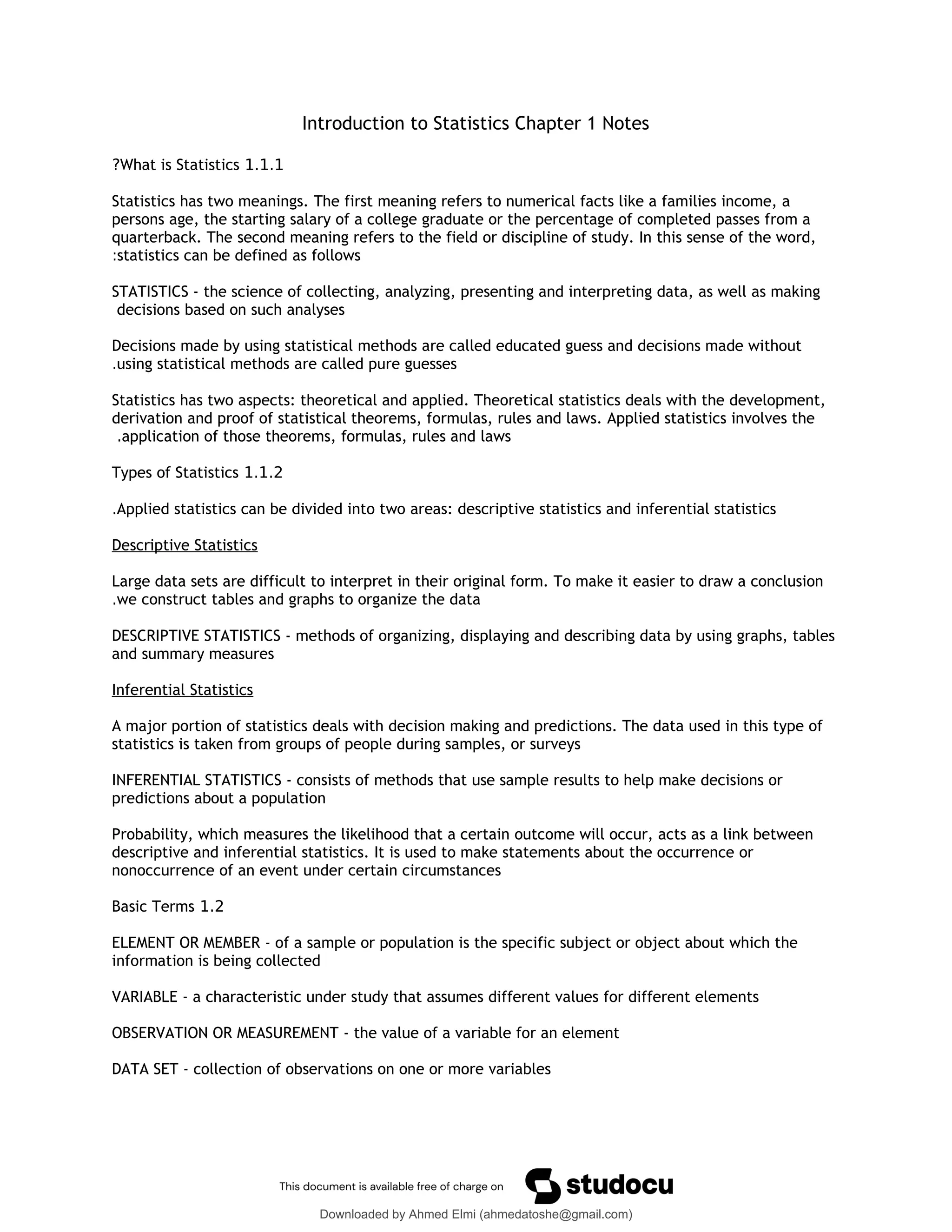Introduction to statistics chapter 1 notes pdf