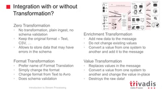 Integration with or without
Transformation?
Zero Transformation
• No transformation, plain ingest, no
schema validation
• Keep the original format – Text,
CSV, …
• Allows to store data that may have
errors in the schema
Format Transformation
• Prefer name of Format Translation
• Simply change the format
• Change format from Text to Avro
• Does schema validation
Enrichment Transformation
• Add new data to the message
• Do not change existing values
• Convert a value from one system to
another and add it to the message
Value Transformation
• Replaces values in the message
• Convert a value from one system to
another and change the value in-place
• Destroys the raw data!
Introduction to Stream Processing
d
 